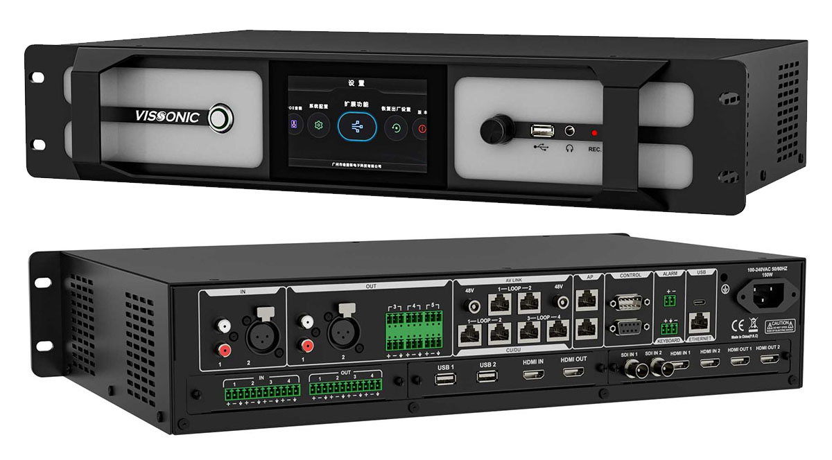 Центральный контроллер VIS-DCP3000 конференц-системы VISSONIC. Вид спереди и сзади на интерфейсы